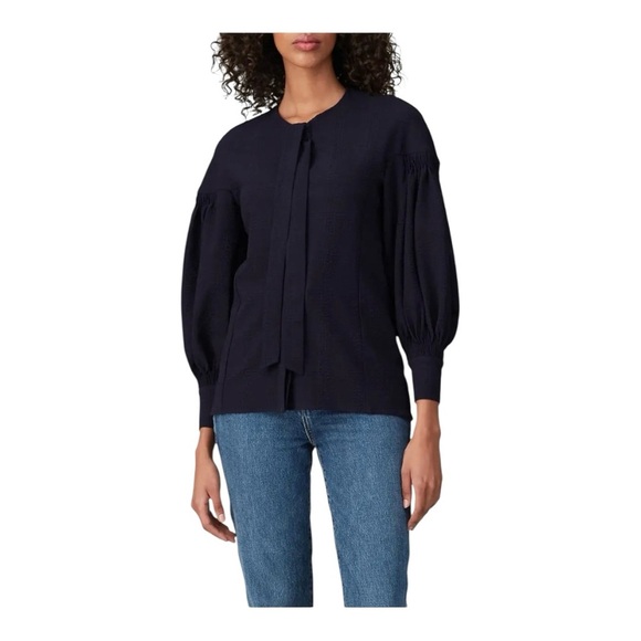 Teija Navy Blue Frill Blouse Button Front Long Puff Sleeves Silk Seersucker 16 - Picture 2 of 9